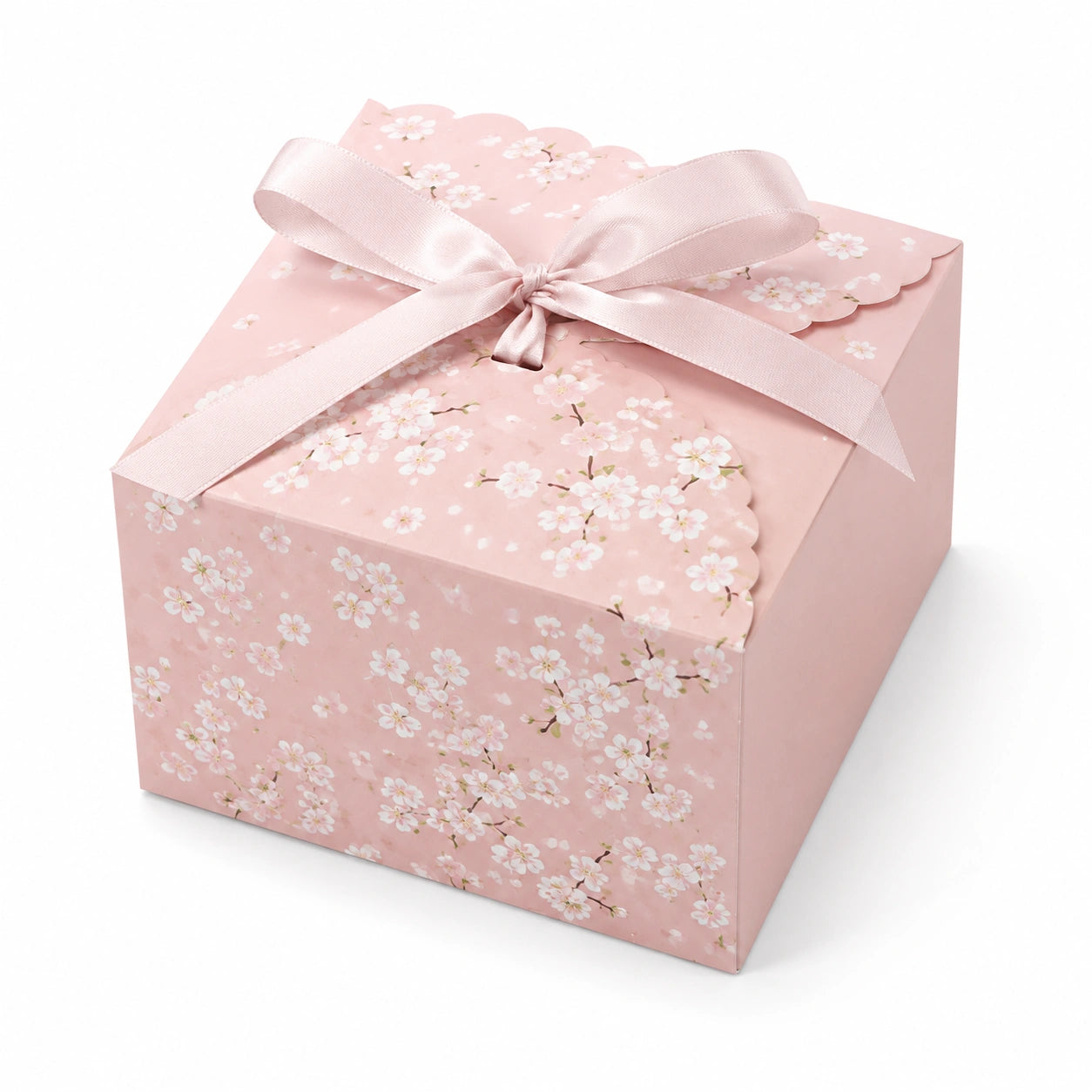 Geschenkbox 20 cm aus Karton in Rosa mit Blumenmuster und Schleife