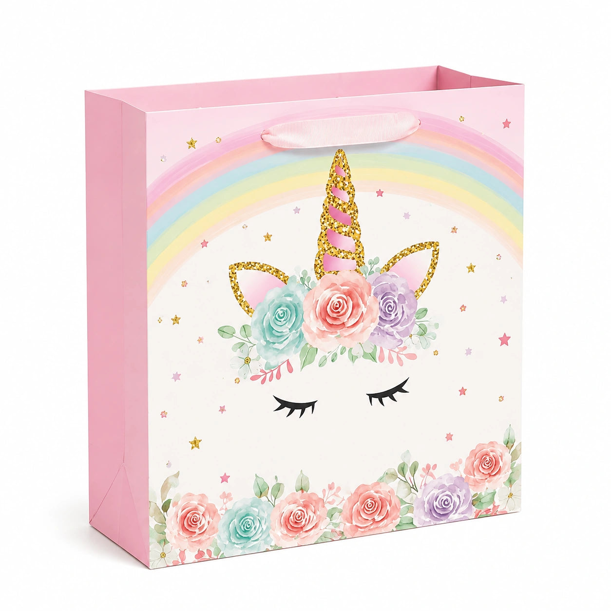 Geschenktüte 32 x 26 x 12 cm aus Papier Rosa mit Einhornmotiv und Tragegriffen
