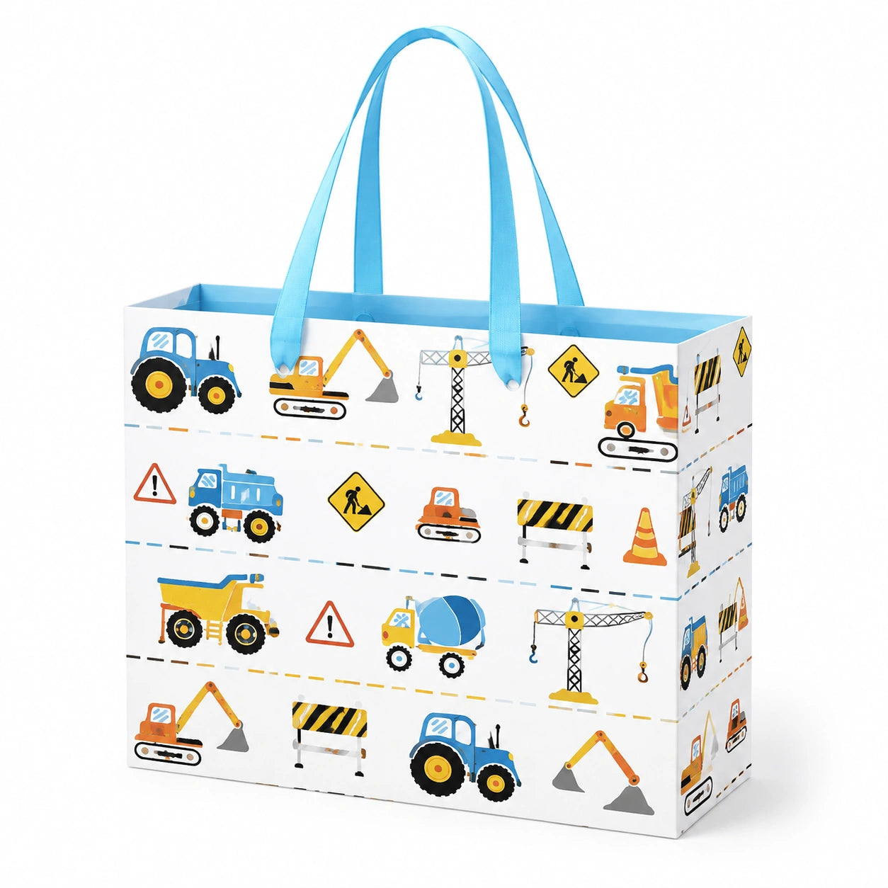 Geschenkbeutel 32 x 12 x 26 cm aus Papier Weiß Blau mit Baustellenmotiv und Tragegriffen