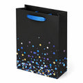 Geschenktüte 26 x 12 x 32 cm aus Papier schwarz mit Konfettidruck und blauen Textilgriffen