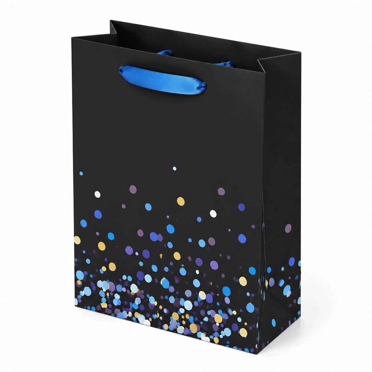 Geschenktüte 26 x 12 x 32 cm aus Papier schwarz mit Konfettidruck und blauen Textilgriffen