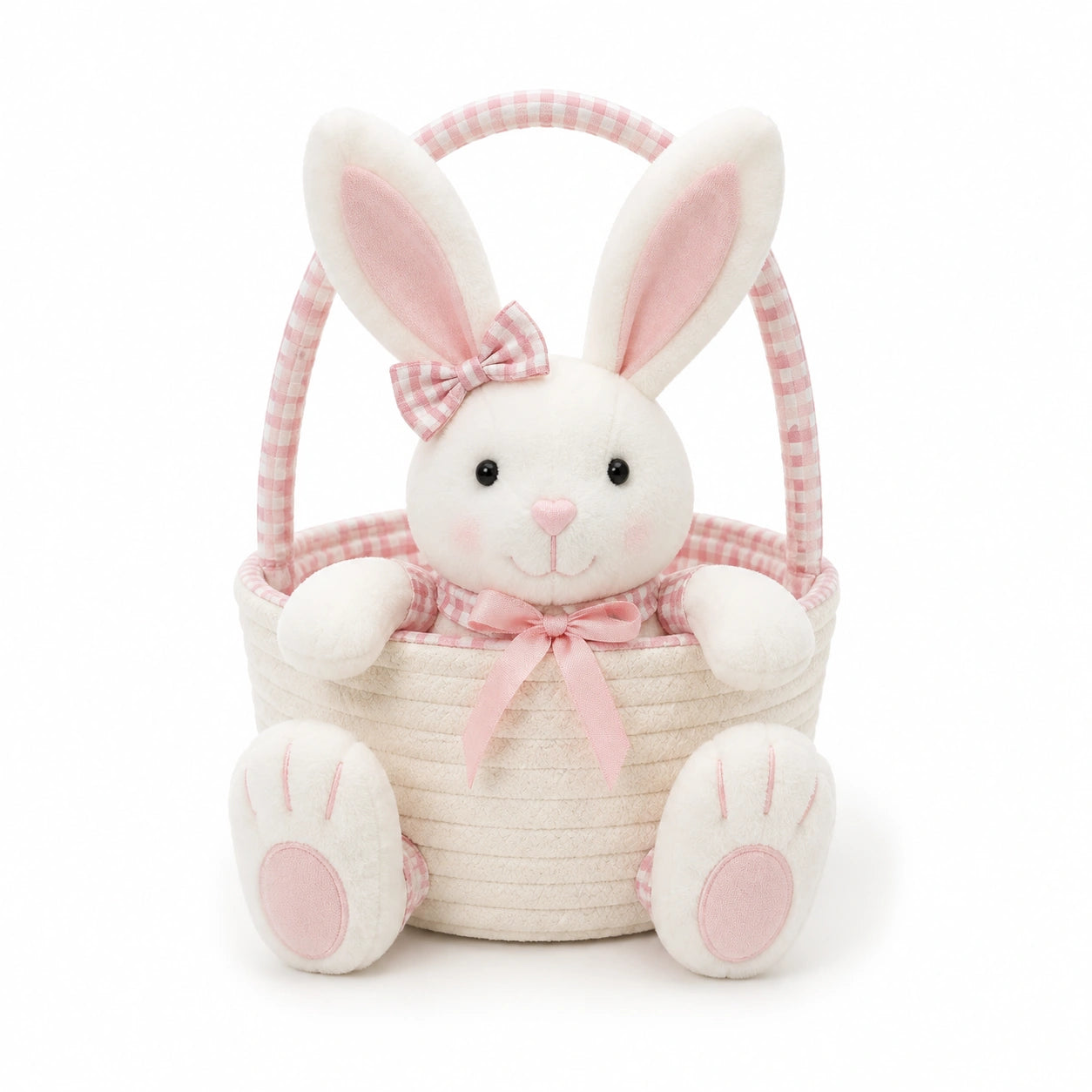 Aufbewahrungskorb 25 cm aus Textil Rosa Weiß mit Plüschhase und Henkel