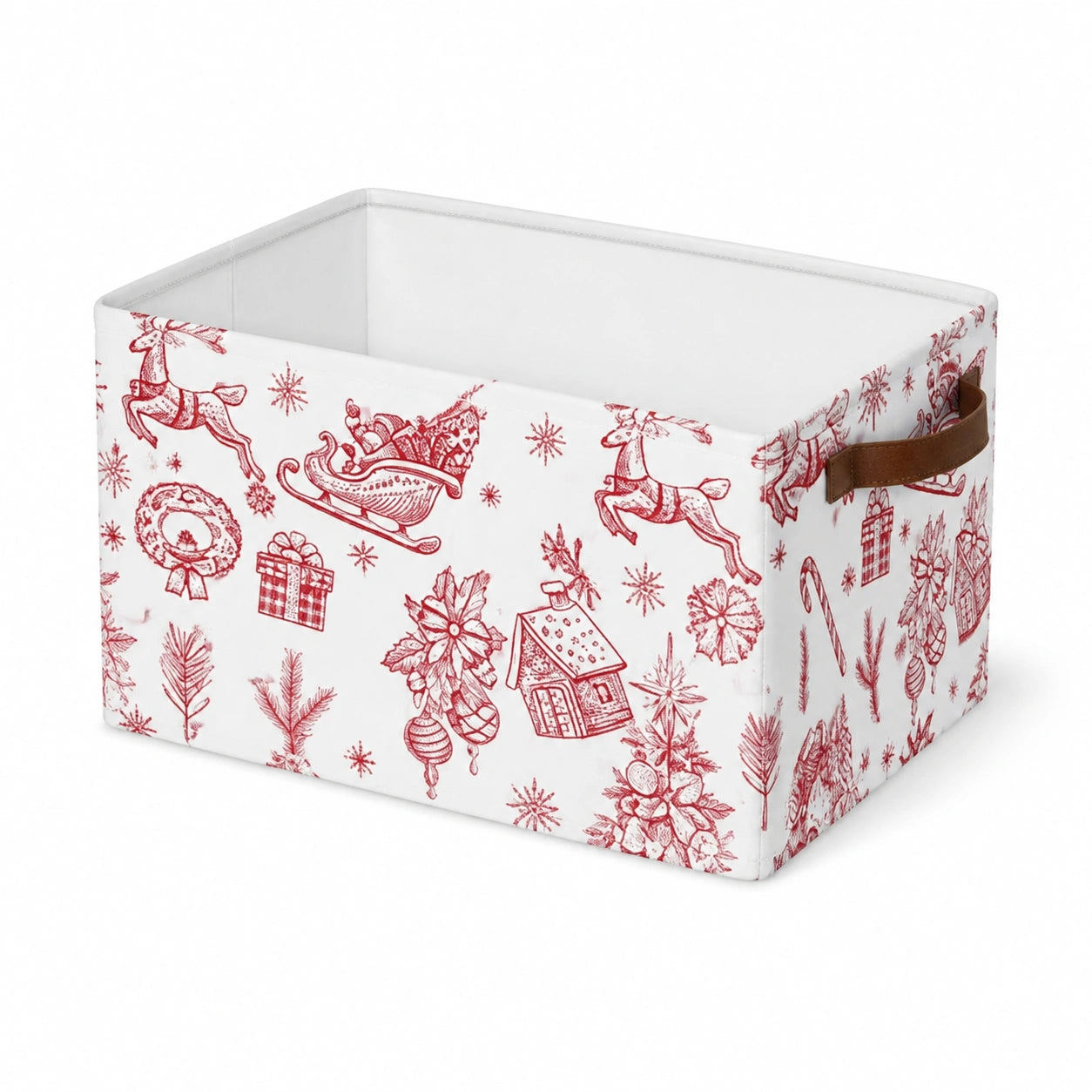 Aufbewahrungsbox 38 x 28 x 25 cm aus Textil Weiß Rot mit Weihnachtsmotiv und Tragegriffen