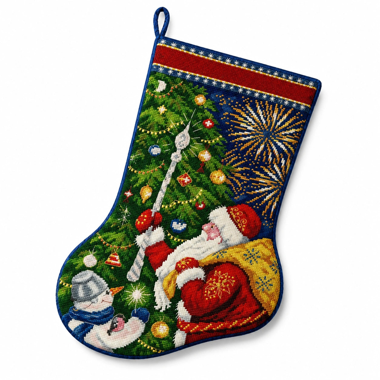 Weihnachtsstrumpf 45 cm aus Textil Blau Grün Rot mit Stickmotiv und Aufhängeschlaufe