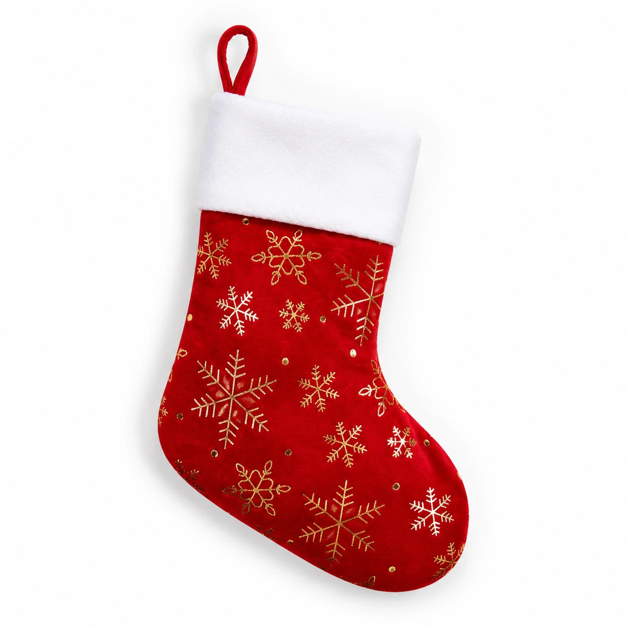 Weihnachtsstrumpf 45 cm aus Textil Rot Weiß Gold mit Schneeflockenmuster zum Aufhängen