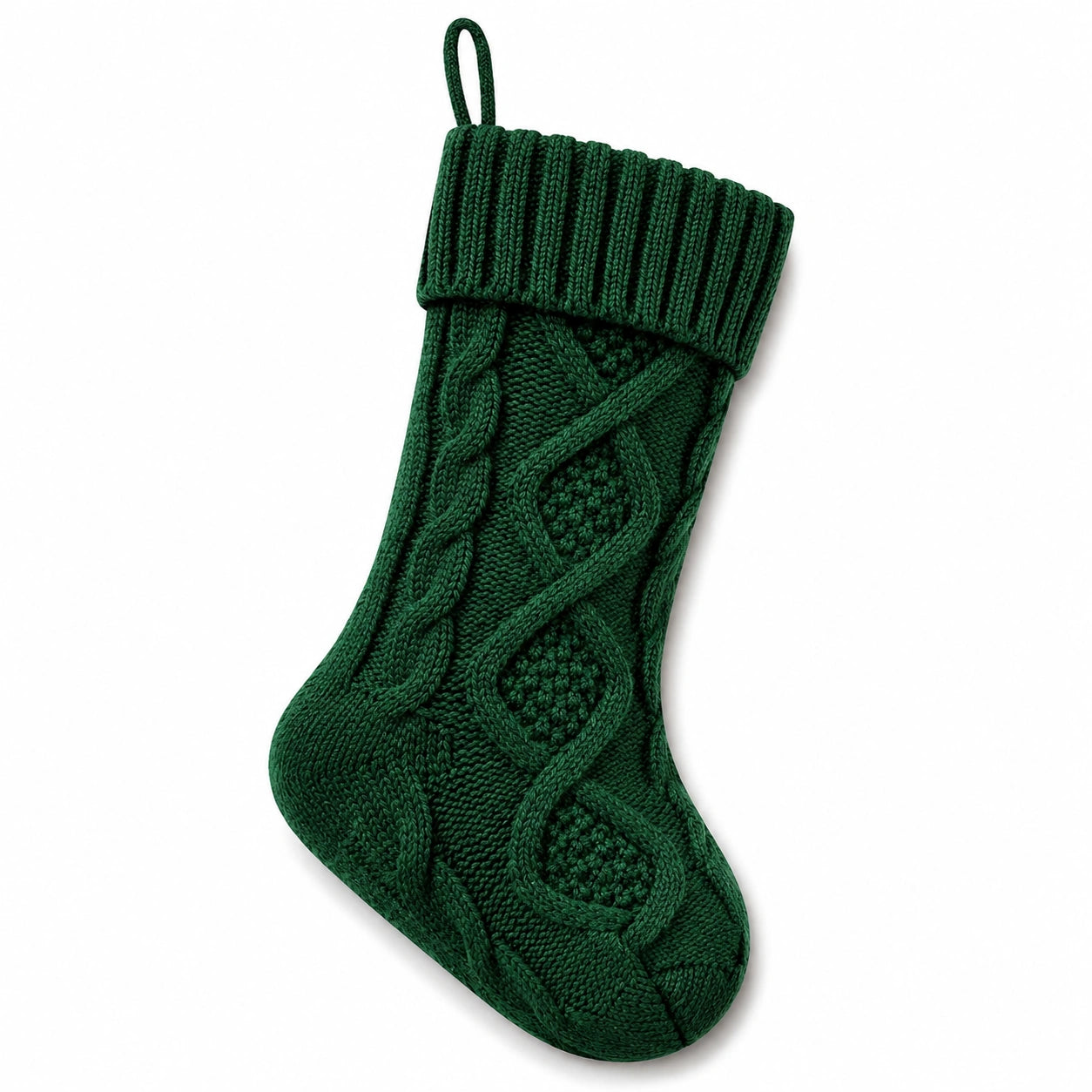 Weihnachtsstrumpf 45 cm aus dunkelgrünem Stricktextil mit Zopfmuster zum Aufhängen