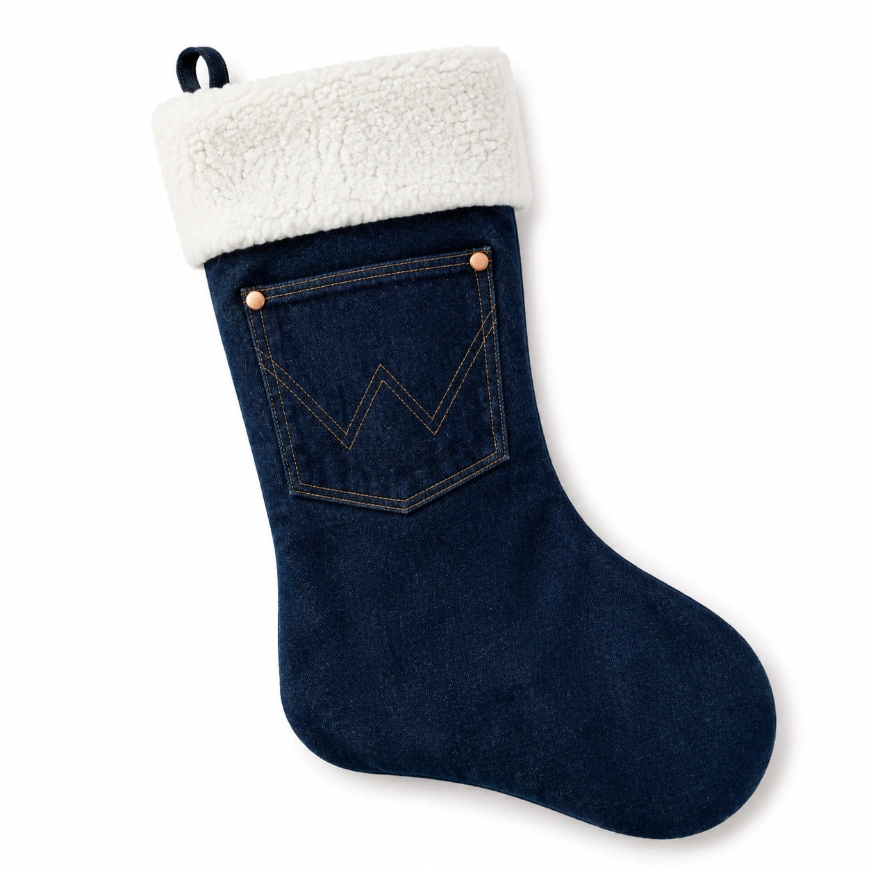 Weihnachtsstrumpf 45 cm aus Jeansstoff in Dunkelblau mit Teddyplüsch-Aufhängeschlaufe