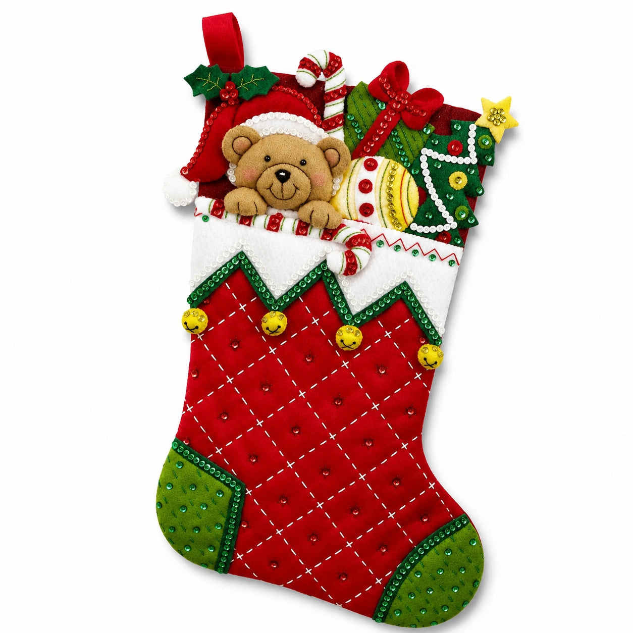 Weihnachtsstrumpf Einheitsgröße aus Textil in Rot Grün mit Bärenmotiv zum Aufhängen