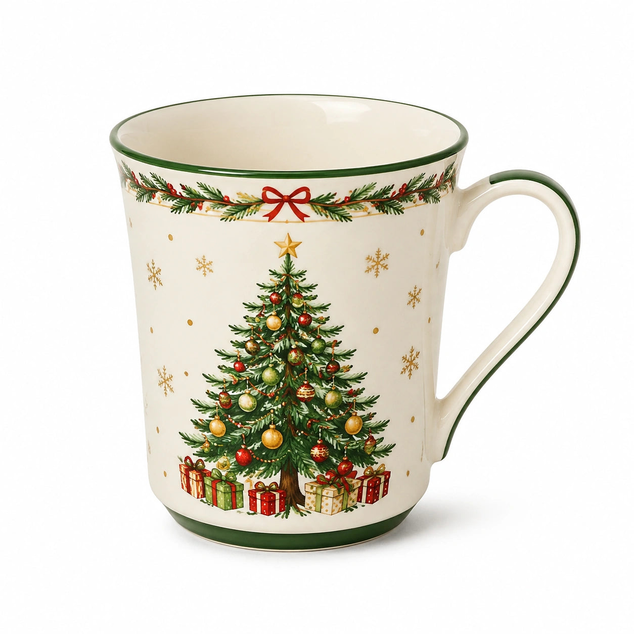 Keramiktasse 0.40 L Cremegrün für Heißgetränke mit Weihnachtsbaum-Motiv